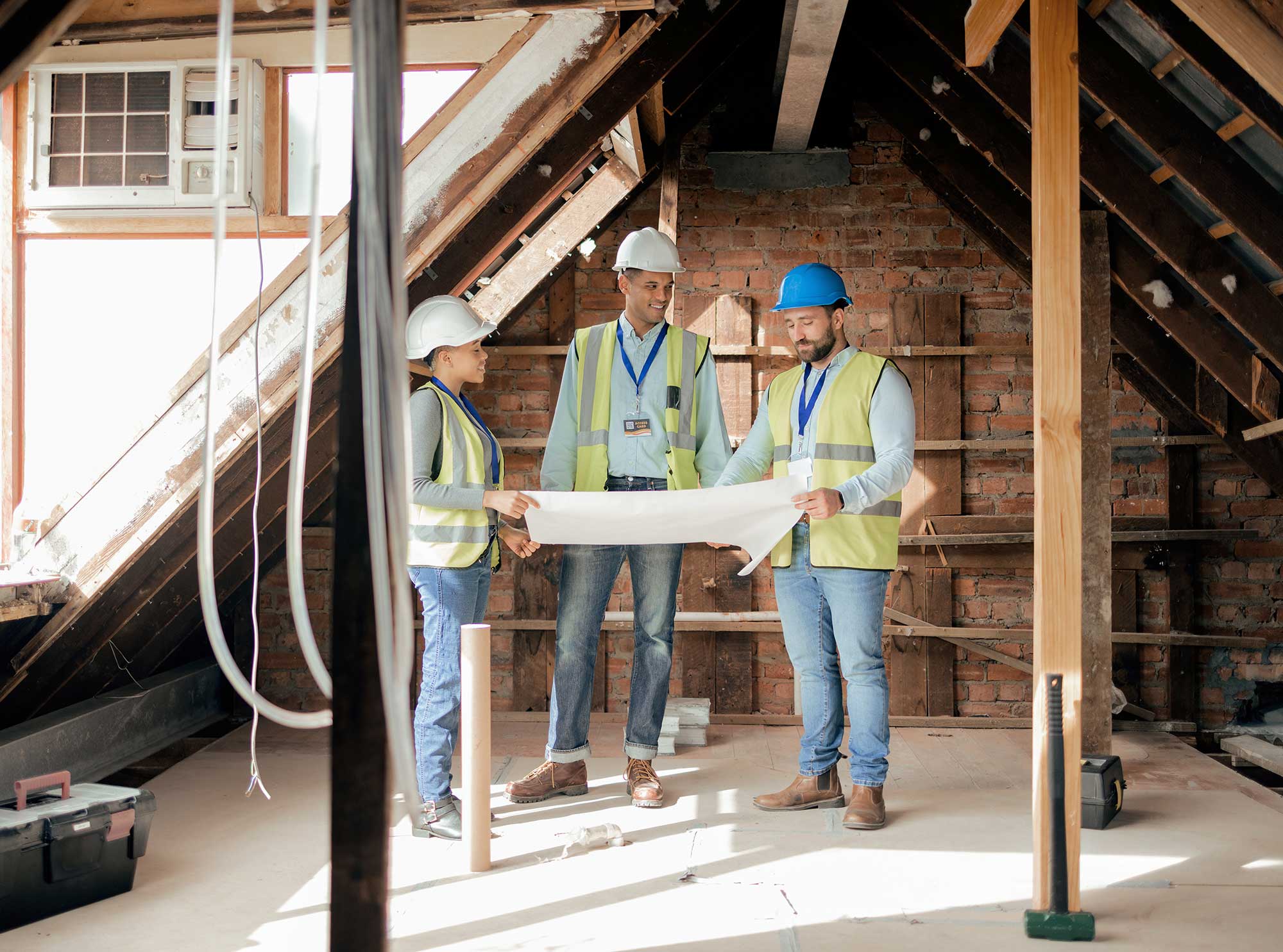 Construction team working on a new home build