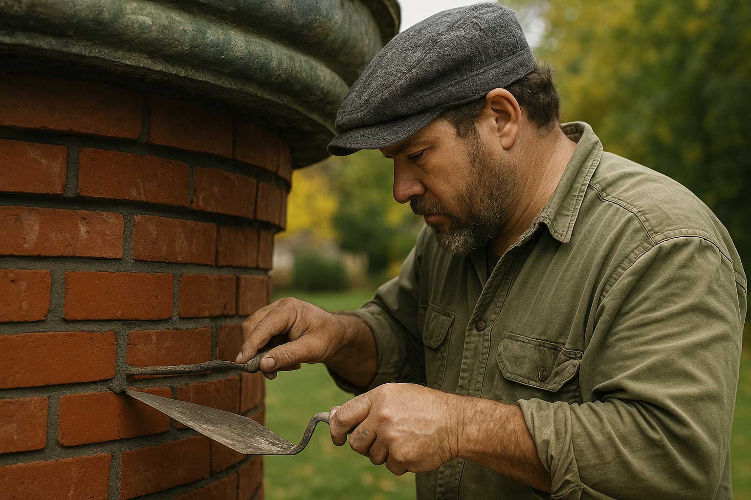 Mason carefully repoints brick joints on a residential property in the Bronx, NY.