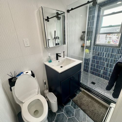 A bathroom featuring blue tiles on the walls and floor, with a white toilet positioned against the wall.